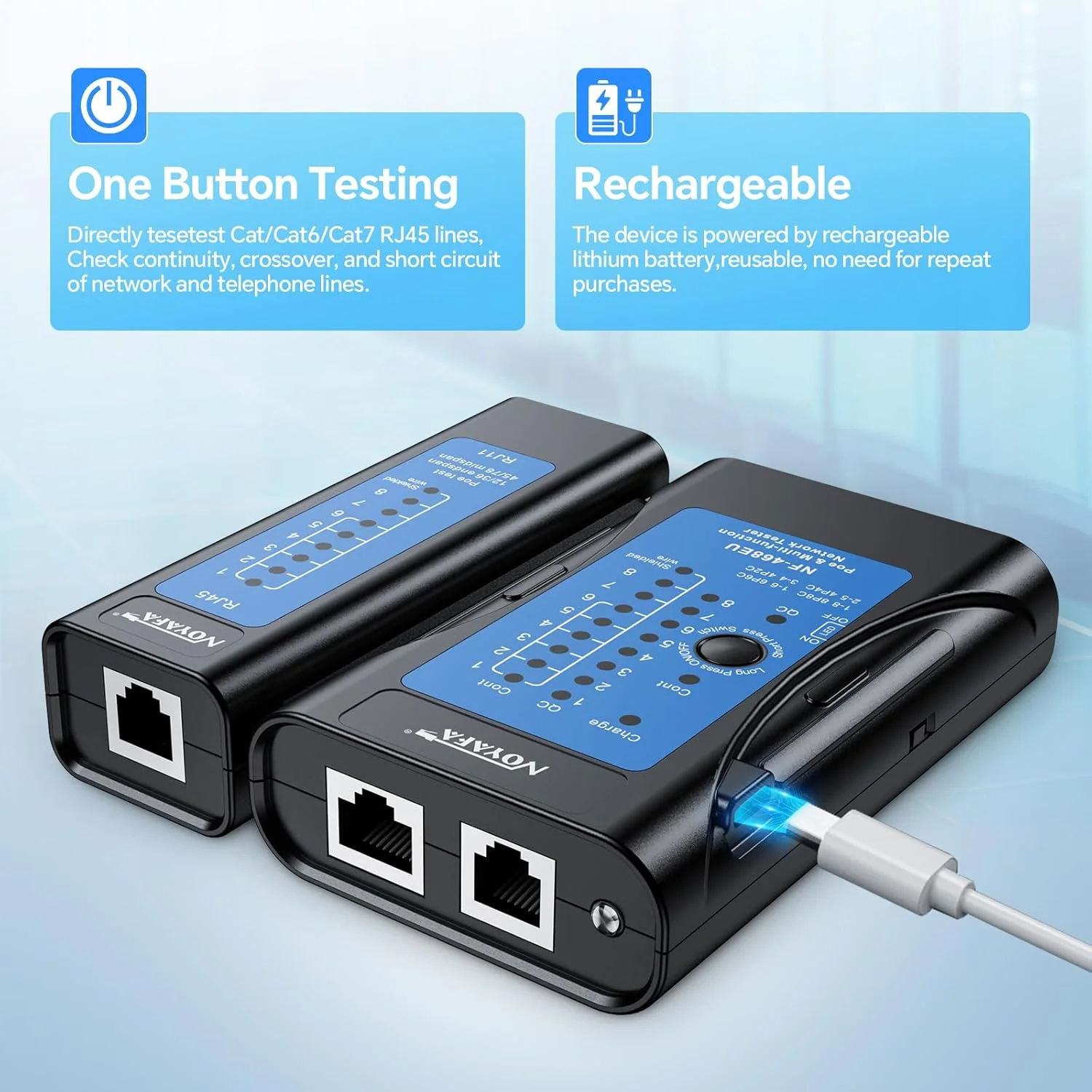 تستر کابل شبکه نویافا، کابل مپر، تستر POE، تستر پیوستگی کابل اترنت - RJ45/RJ11/CAT5/CAT6/CAT5E/CAT6A، خط تلفن CAT3 (کیت NF-468EU)