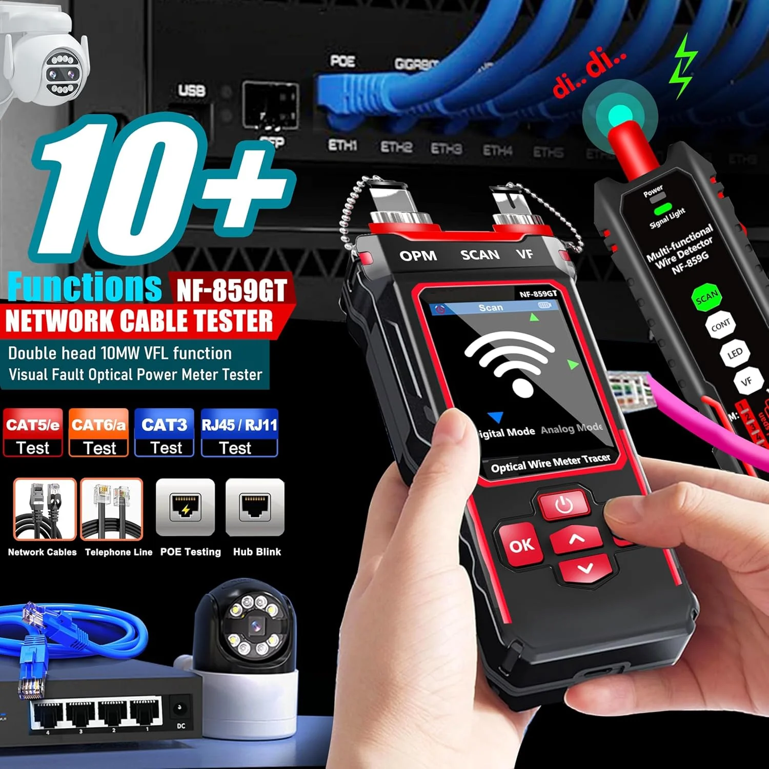 تستر کابل شبکه NOYAFA NF-859GT با توان سنج نوری 10mw VFL، برای RJ45 RJ11 CAT5 CAT6 POE/خطوط تلفن CAT3، کیت پروب تون LAN، ردیاب سیم NCV و اترنت، ابزار شبکه تستر فیبر