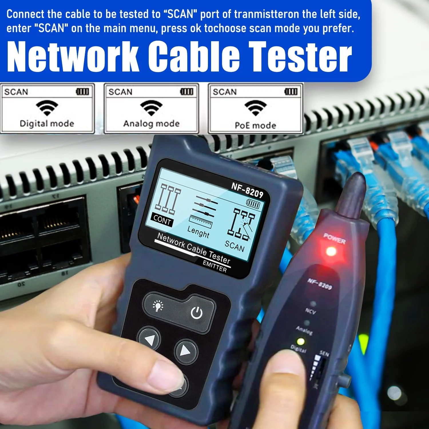 تستر کابل شبکه NOYAFA NF-8209 با ردیاب خط چند منظوره PoE، تستر LAN CAT5/CAT6