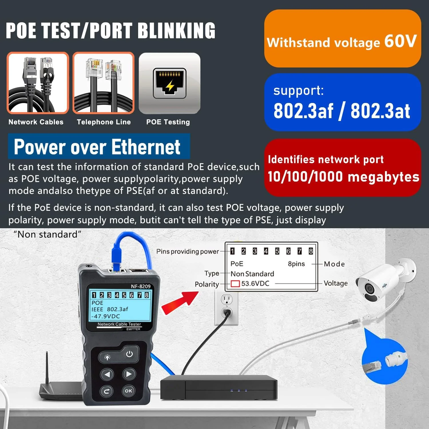 تستر کابل شبکه NOYAFA NF-8209 با ردیاب خط چند منظوره PoE، تستر LAN CAT5/CAT6