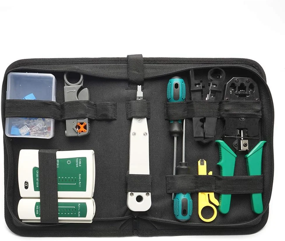 تستر کابل شبکه دو منظوره OUNA، مجموعه ابزار 14 عددی شامل کیف سخت افزاری قابل حمل شبکه اترنت، انبر پرس کابل شبکه LAN، مجموعه ابزار تعمیرات شبکه، تستر کابل شبکه دو منظوره