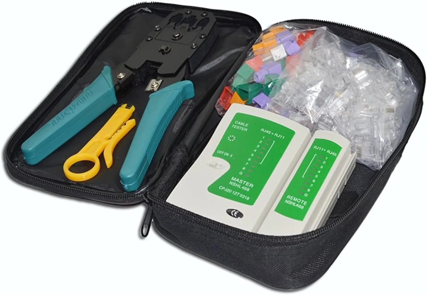 مجموعه ابزار شبکه PEHUB شامل تستر کابل شبکه، ابزار سیم کشی، ابزار پرس، یاب خط، تستر خط، سر سوکت شبکه RJ45، سیم چین و یاب خط تلفن زیرزمینی