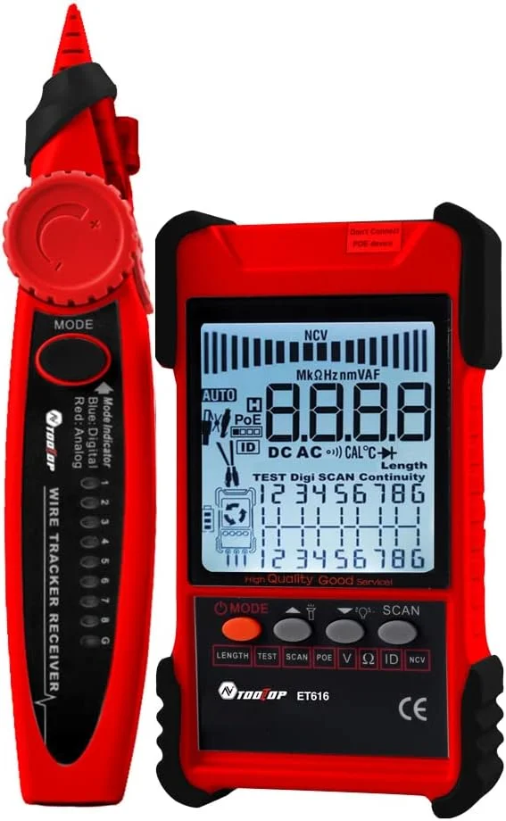 تستر کابل دستی قابل حمل Pepisky ET616 با صفحه نمایش LCD، جستجوی آنالوگ و دیجیتال، تست POE، حساسیت قابل تنظیم، اندازه گیری طول کابل شبکه، اتصال کوتاه و مدار باز تستر کابل دستی قابل حمل Pepisky ET616 با صفحه نمایش LCD، جستجوی آنالوگ و دیجیتال، تست POE، حساسیت قابل تنظیم، اندازه گیری طول کابل شبکه، اتصال کوتاه و مدار باز