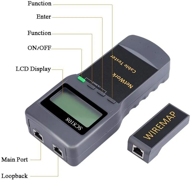 تسترهای شبکه قابل حمل، تستر کابل شبکه CAT5 RJ45 مدل SC8108، یابنده نقطه قطعی، مسافت یاب تست طول با خاموش شدن تاخیری خودکار، تستر خط تلفن RJ11