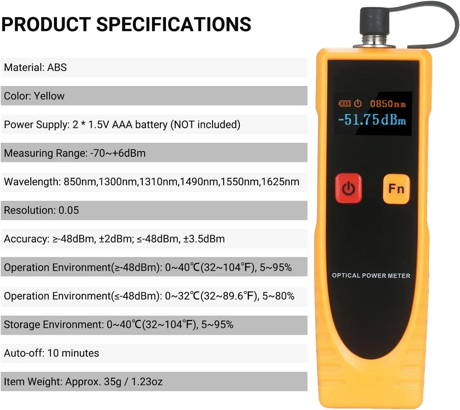 توان سنج نوری قابل حمل با 6 طول موج نوری -70~+6dBm، تستر توان نوری دیجیتال، تستر فیبر نوری با دقت بالا، تستر کابل شبکه، توان سنج نوری کوچک