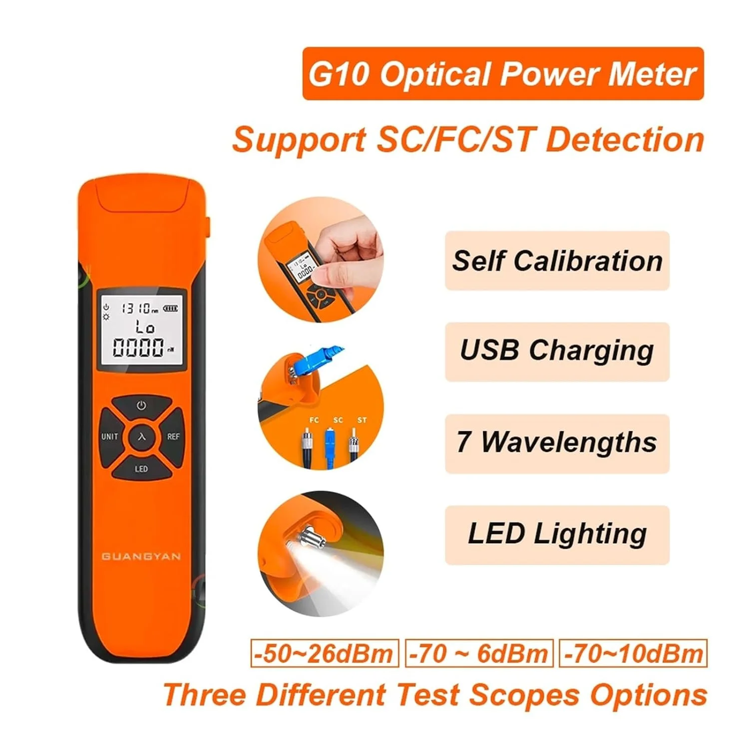نورسنج فیبر نوری قابل حمل G10 OPM، ابزار تست نوری قابل شارژ، تست کابل شبکه، نورپردازی LED، شارژ USB (-70 تا 10dBm)