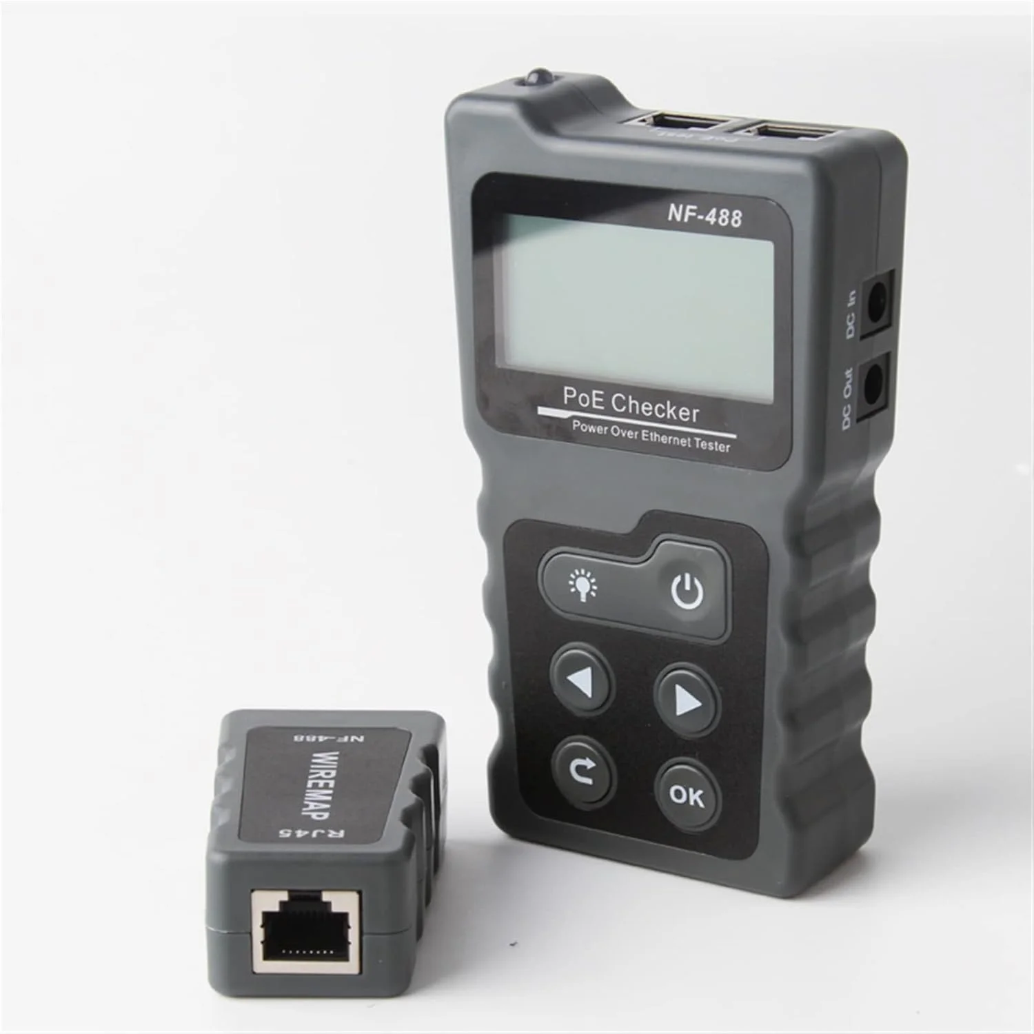 تستر فیبر نوری دستی Raitron مدل NF-488 LCD، تستر شبکه PoE روی اترنت Cat5 Cat6 Lan، ابزار تست حلقه کابل فیبر نوری