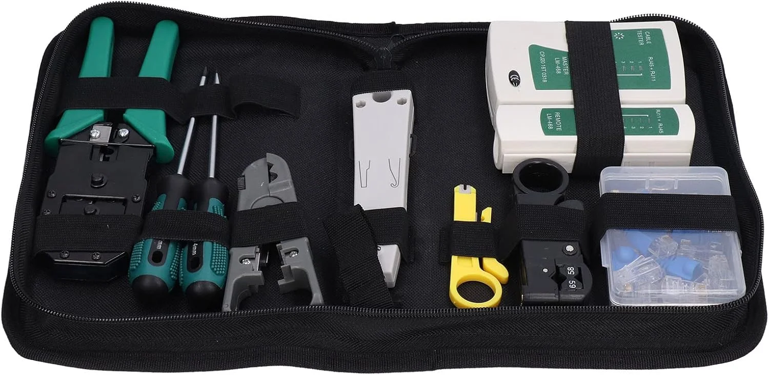 مجموعه ابزار تعمیرات شبکه شامل تستر کابل شبکه، سیم چین، سیم لخت کن و انبر پرس، کیت تعمیرات شبکه برای تست و نگهداری، شامل ابزارهای ضروری برای راه اندازی و تعمیر شبکه