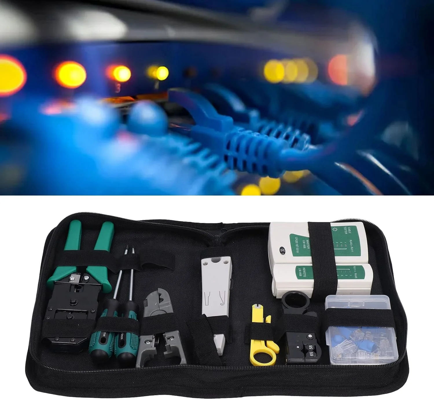 مجموعه ابزار تعمیرات شبکه شامل تستر کابل شبکه، سیم چین، سیم لخت کن و انبر پرس، کیت تعمیرات شبکه برای تست و نگهداری، شامل ابزارهای ضروری برای راه اندازی و تعمیر شبکه