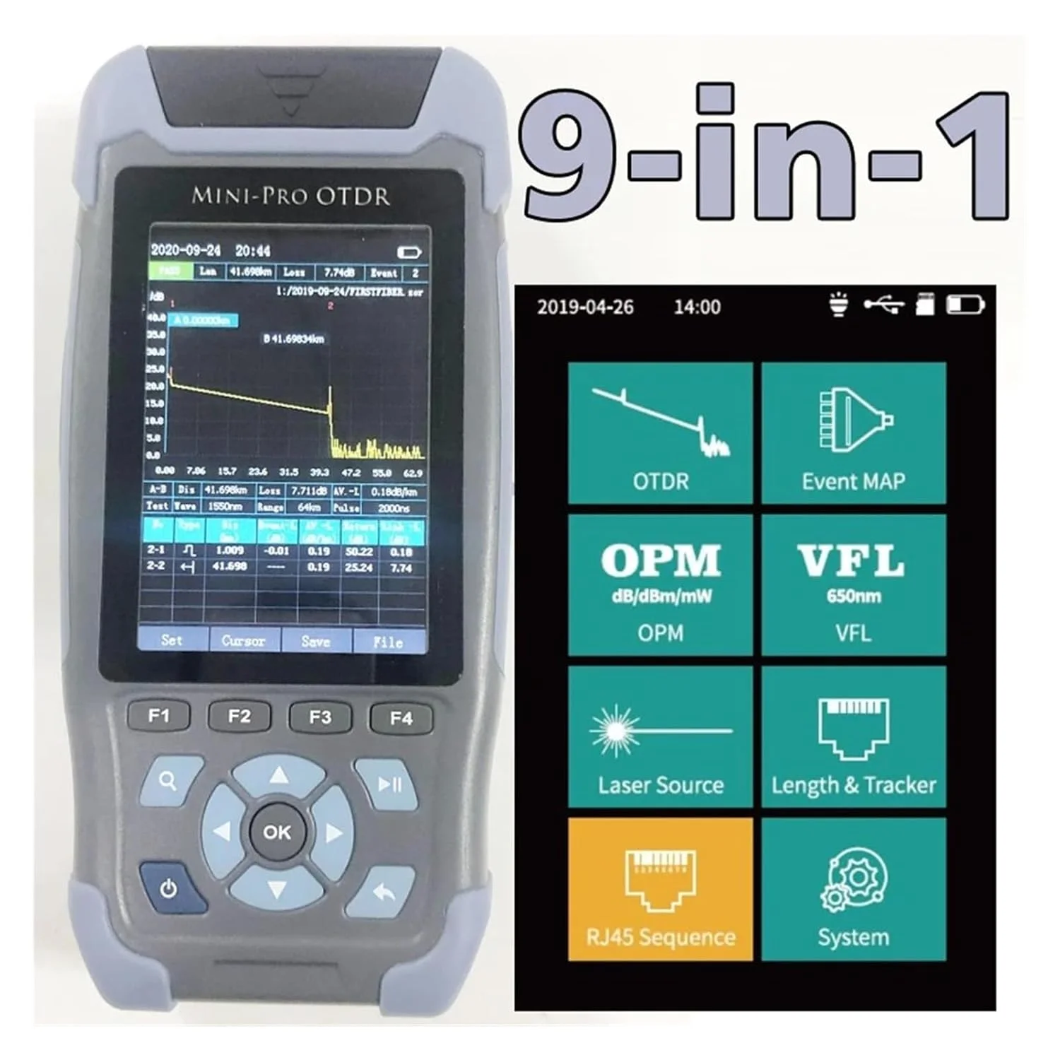 مینی OTDR فیبر نوری رفلکتومتر 980rev با 9 عملکرد VFL OLS OPM نقشه رویداد 24dB برای کابل فیبر 64 کیلومتری تستر اترنت (1550nm (پورت UPC))