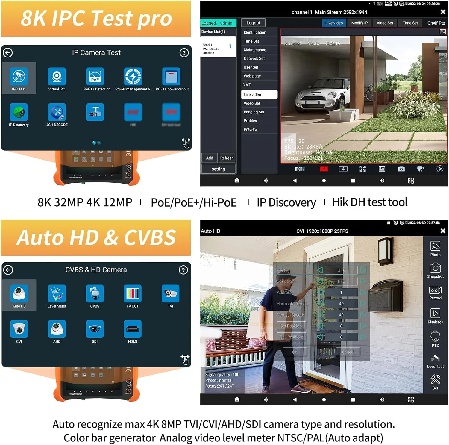 تستر دوربین مداربسته Rsrteng 8K 32MP 12MP IP با خروجی توان POE++ حداکثر 90W، تستر دوربین POE 4K 8MP TVI/CVI/AHD/SDI/CVBS با تمام ویژگی ها DMM OPM VFL تستر کابل TDR ابزارهای شبکه HD I/O WiFi