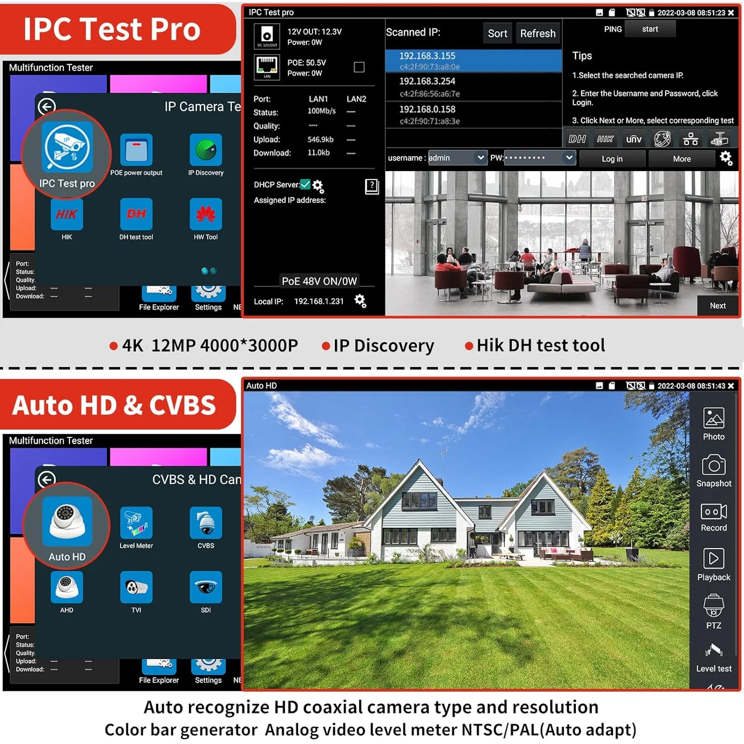 تستر دوربین مداربسته Rsrteng نسخه ارتقا یافته تستر دوربین مداربسته 4K IP با ابزار تست کابل شبکه دوربین کواکسیال TVI CVI AHD SDI پشتیبانی از DMM OPM TDR POE HD DC24V پورت شبکه دوگانه