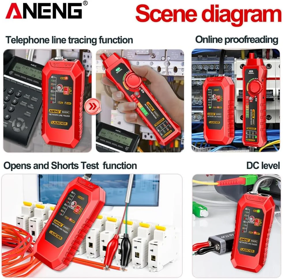 تستر کابل شبکه هوشمند SATMW M469C RJ45 RJ11، ردیاب کابل LAN، ابزار تعمیر شبکه، جعبه دار - قرمز