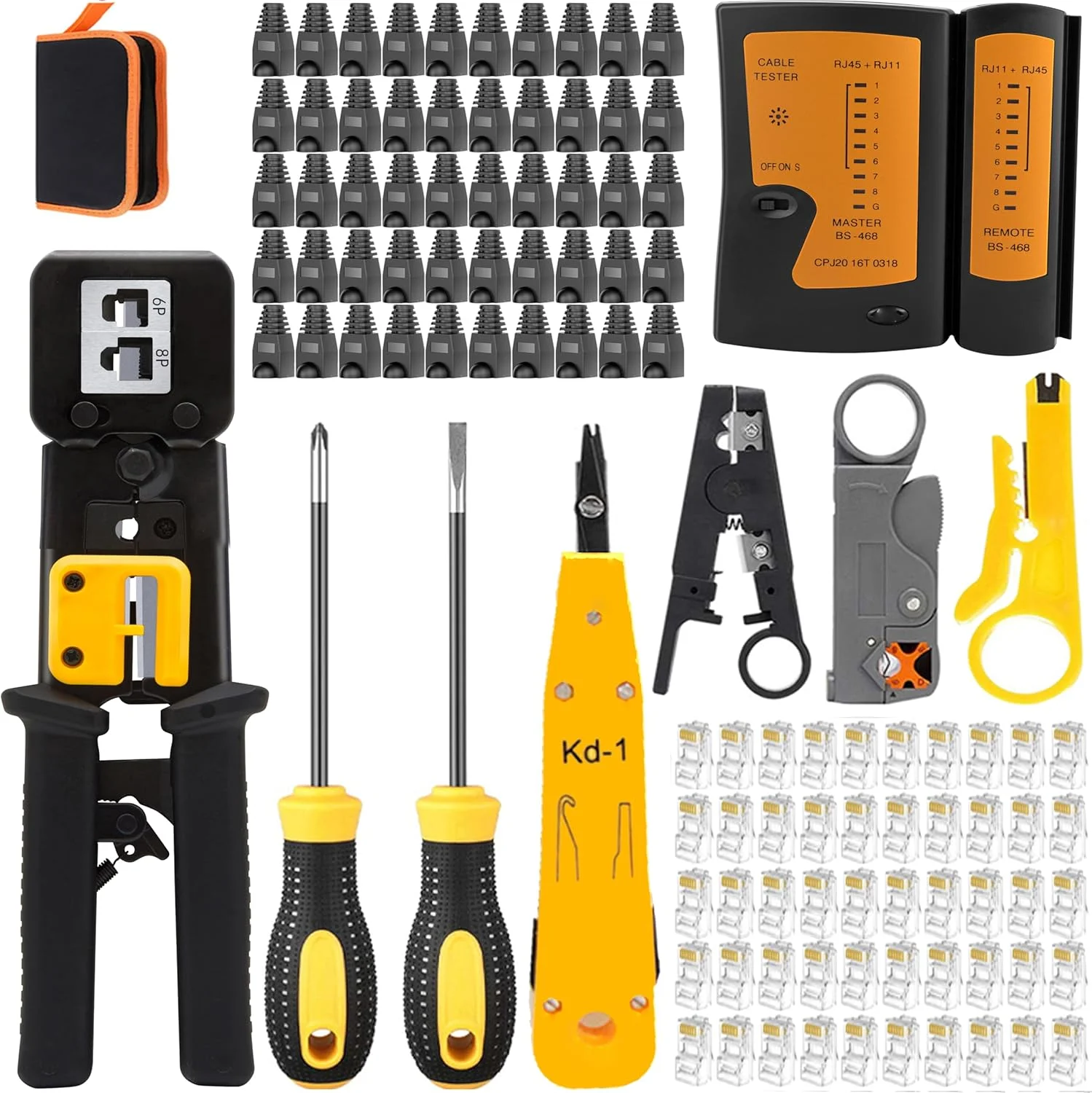 ابزار تعمیر کابل شبکه MAYLINE RJ11 RJ45 Cat5 Cat6، سیم لخت کن، آشکارساز داده، پرس سرسیم، اتصال دهنده (مشکی)