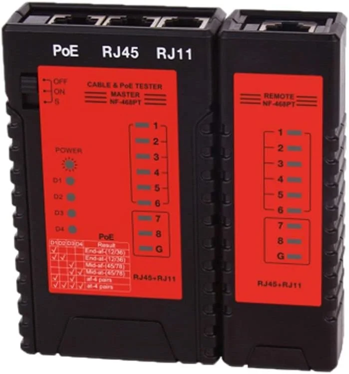 تستر کابل شبکه STUFY مدل NF-468PT، ابزار تست کابل شبکه اترنت LAN، تست سیم تلفن ثابت، تستر سوئیچ PoE، بررسی کابل شبکه RJ45 RJ11 برای تست اترنت