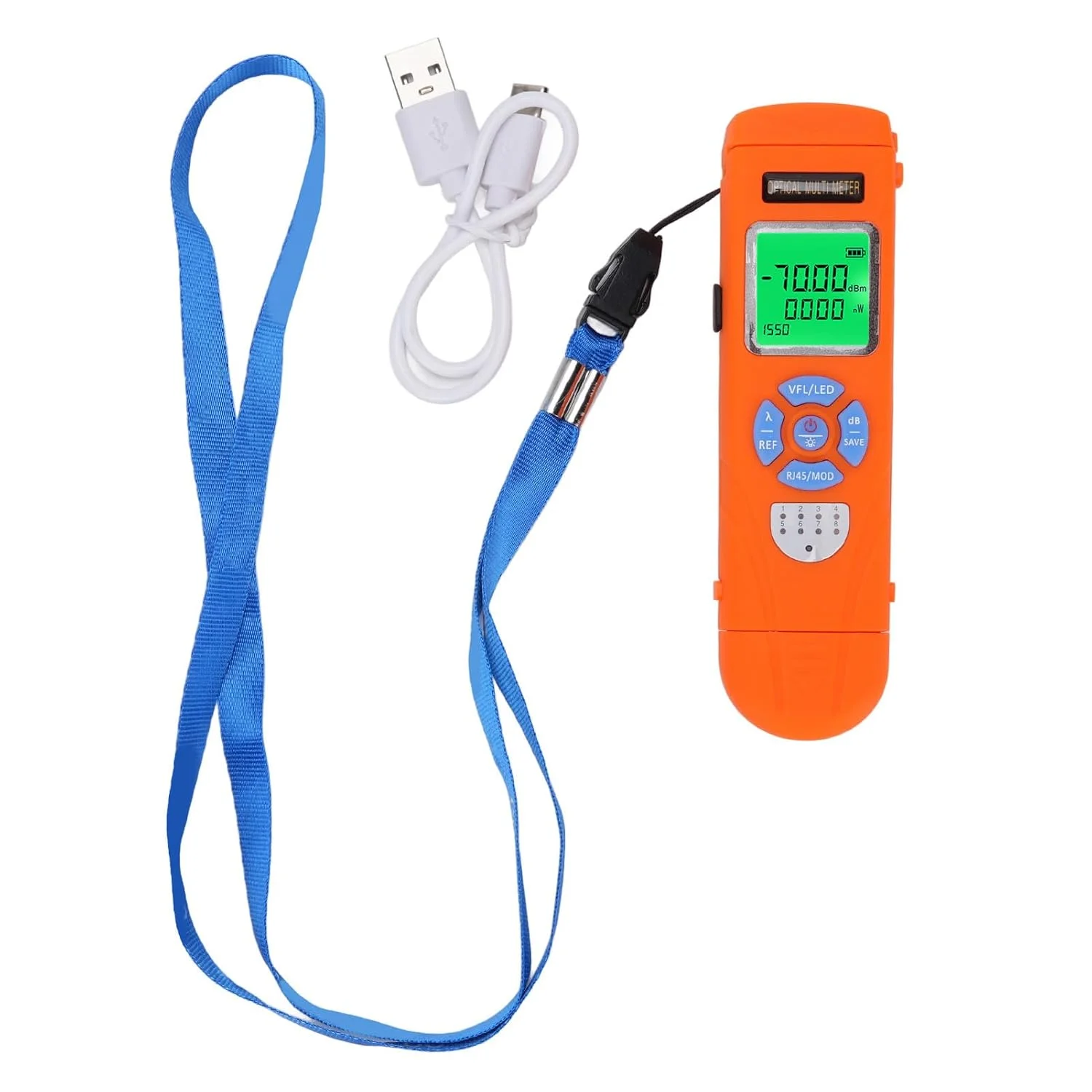 تستر فیبر نوری، توان سنج نوری، ردیاب عیب یابی بصری VFL، تستر کابل شبکه RJ45، 10 طول موج، نور قرمز 650 نانومتری، برد 50 کیلومتر، قابل شارژ با USB C