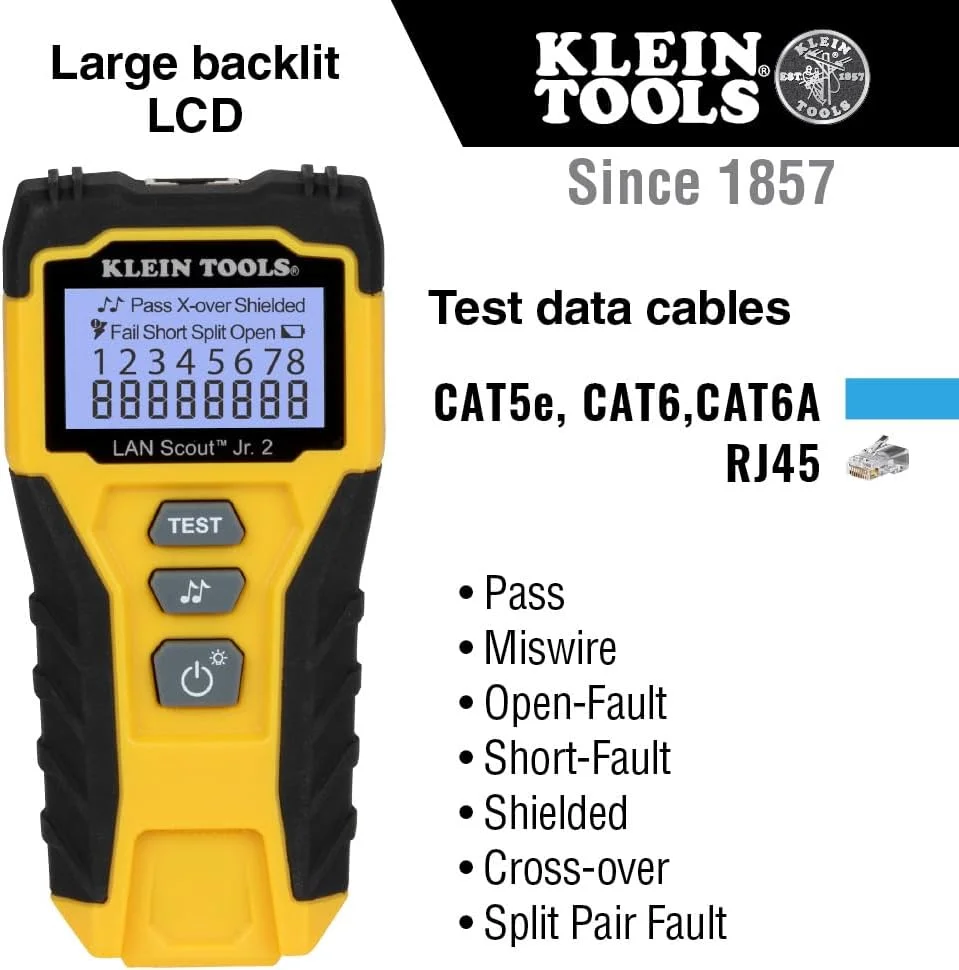 تستر کابل Klein Tools مدل LAN Scout Jr. 2 برای کابل های اترنت CAT 5e، CAT 6/6A با اتصالات RJ45 مدل VDV526-200