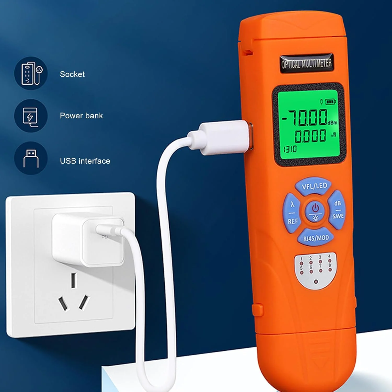 تستر فیبر نوری، توان سنج نوری، ردیاب عیب یابی بصری VFL، تستر کابل شبکه RJ45، 10 طول موج، نور قرمز 650 نانومتری، برد 50 کیلومتر، قابل شارژ با USB C تستر فیبر نوری، توان سنج نوری، ردیاب عیب یابی بصری VFL، تستر کابل شبکه RJ45، 10 طول موج، نور قرمز 650 نانومتری، برد 50 کیلومتر، قابل شارژ با USB C