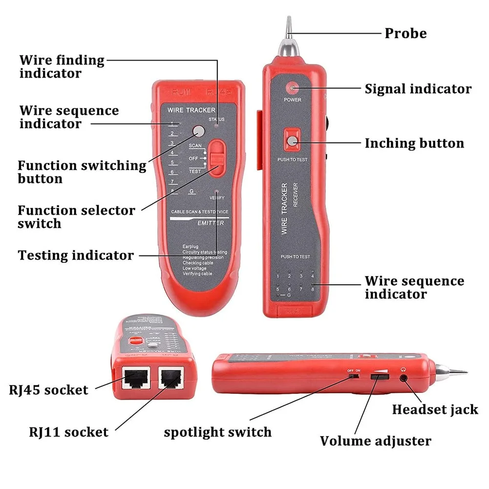 تستر کابل شبکه Ubrand، ردیاب سیم چند منظوره RJ45 RJ11 و تستر مدار با گوشی برای مرتب سازی کابل، تست شبکه و خط تلفن، قرمز