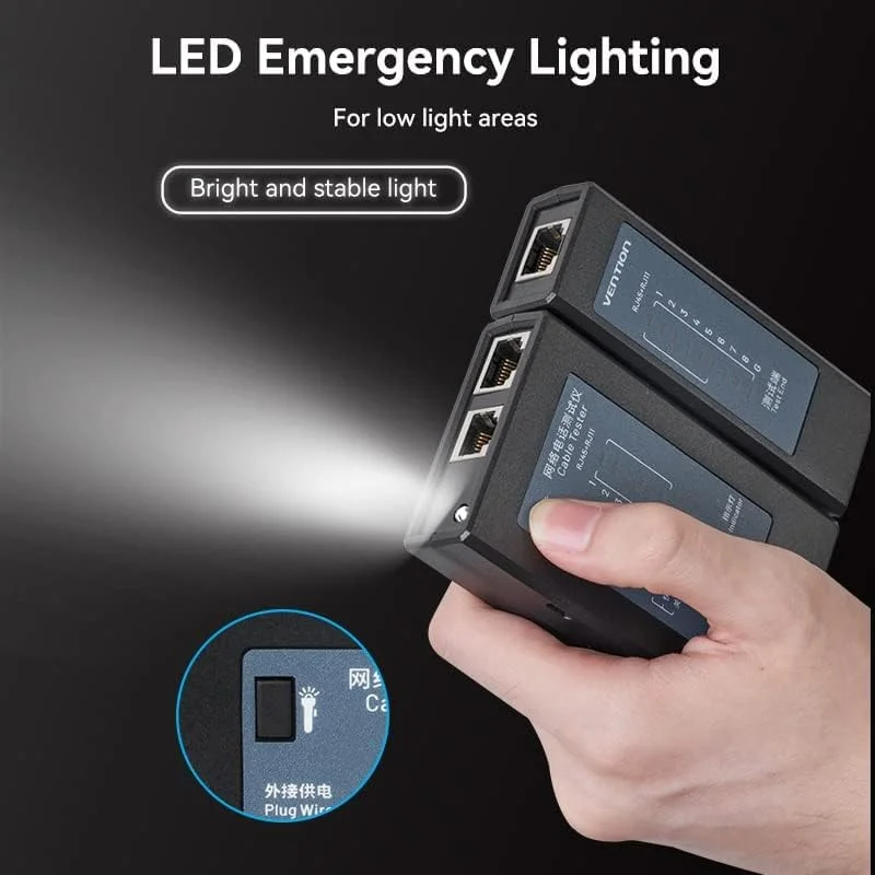 تستر کابل شبکه تلفن RJ45 RJ11 ونشن با روکش طلا، منبع تغذیه دوگانه و حالت تست دوگانه به همراه چراغ LED اضطراری تستر کابل شبکه تلفن RJ45 RJ11 ونشن با روکش طلا، منبع تغذیه دوگانه و حالت تست دوگانه به همراه چراغ LED اضطراری