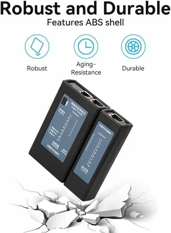 تستر کابل شبکه تلفن RJ45 RJ11 ونشن با روکش طلا، منبع تغذیه دوگانه و حالت تست دوگانه به همراه چراغ LED اضطراری تستر کابل شبکه تلفن RJ45 RJ11 ونشن با روکش طلا، منبع تغذیه دوگانه و حالت تست دوگانه به همراه چراغ LED اضطراری