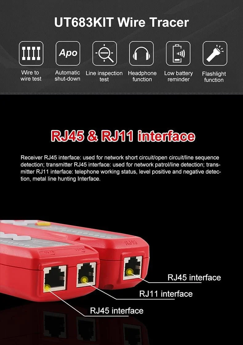 ردیاب کابل شبکه / تلفن UT683KIT، ردیاب سیم، تستر کابل RJ45 RJ11، ابزار تعمیر شبکه ردیاب کابل شبکه / تلفن UT683KIT، ردیاب سیم، تستر کابل RJ45 RJ11، ابزار تعمیر شبکه