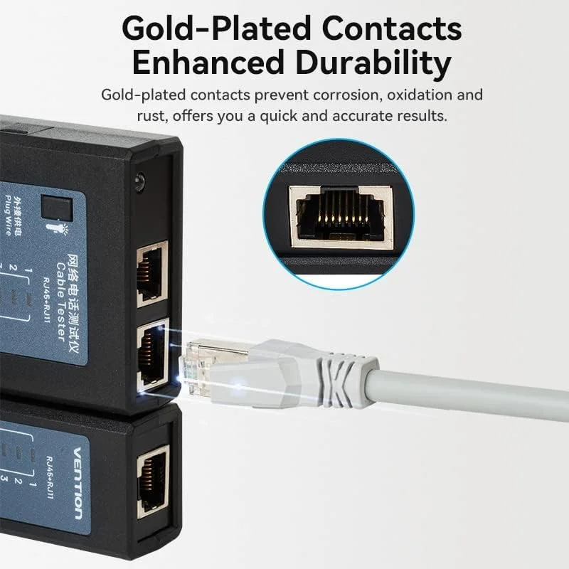 تستر کابل شبکه تلفن RJ45 RJ11 ونشن با روکش طلا، منبع تغذیه دوگانه و حالت تست دوگانه به همراه چراغ LED اضطراری تستر کابل شبکه تلفن RJ45 RJ11 ونشن با روکش طلا، منبع تغذیه دوگانه و حالت تست دوگانه به همراه چراغ LED اضطراری