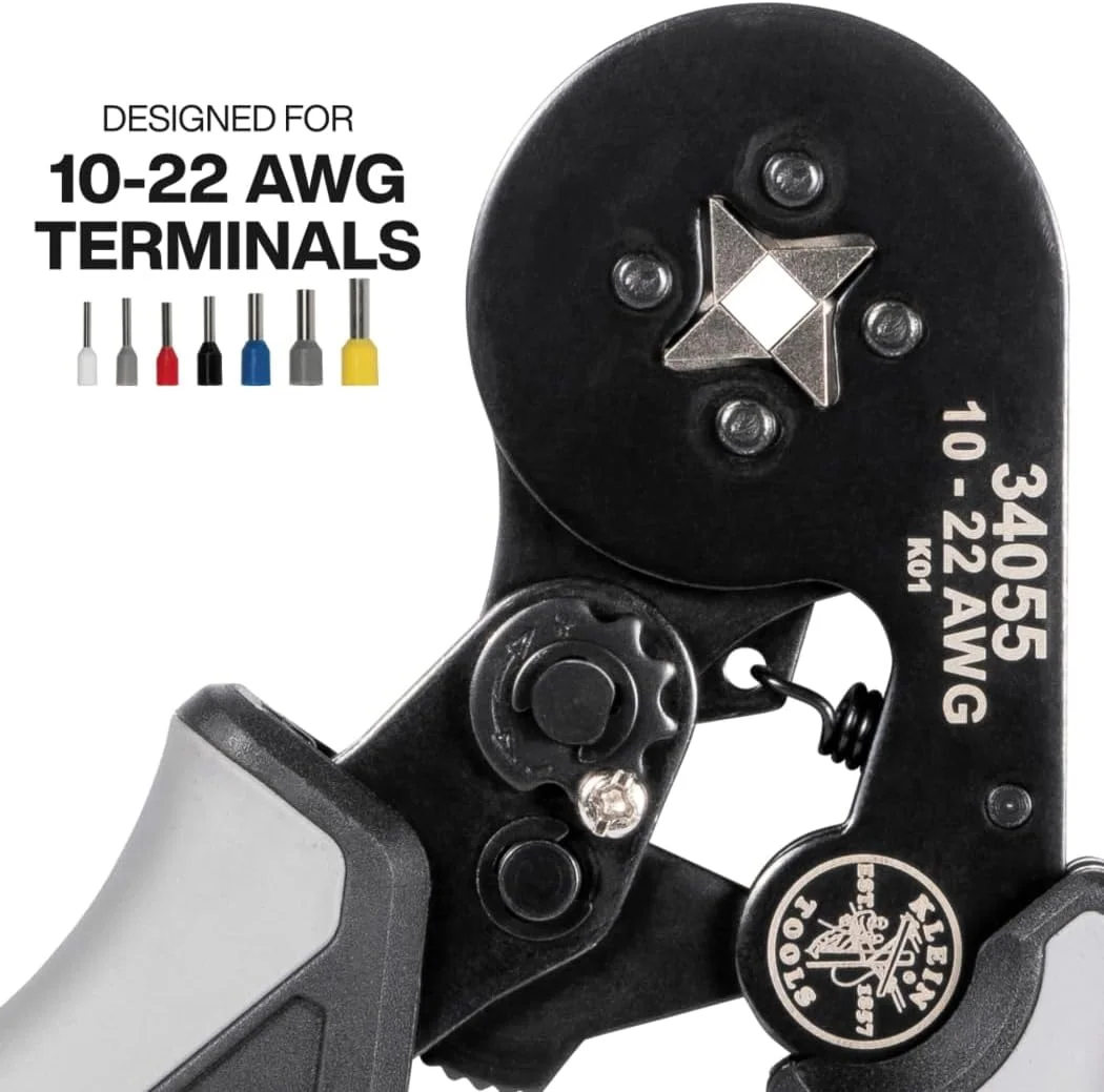 ابزار پرس سرسیم کابل کلاین تولز مدل 34055، انبر پرس مربعی برای ترمینال های سیم 10 تا 22 AWG، جغجغه قابل تنظیم داخلی، برای کارهای الکتریکی