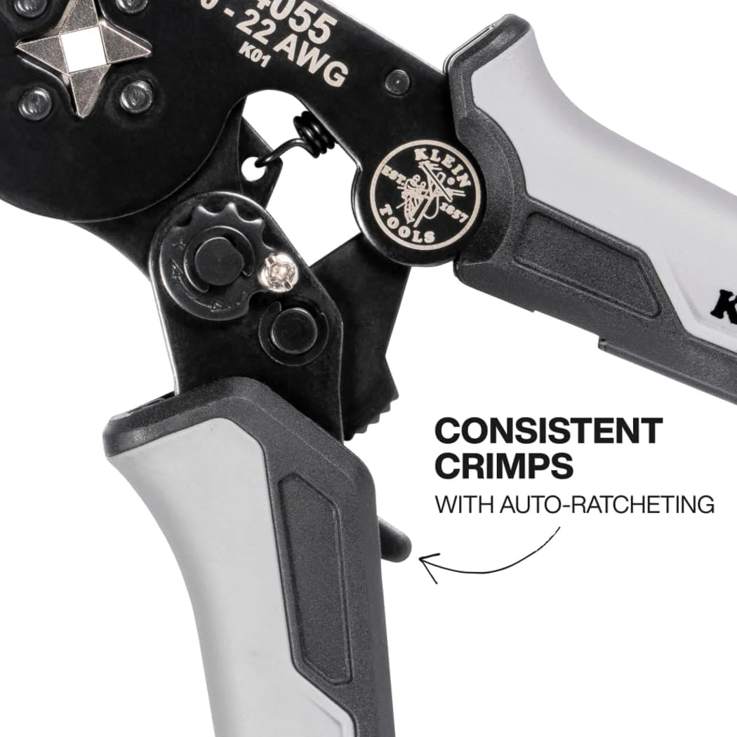 ابزار پرس سرسیم کابل کلاین تولز مدل 34055، انبر پرس مربعی برای ترمینال های سیم 10 تا 22 AWG، جغجغه قابل تنظیم داخلی، برای کارهای الکتریکی