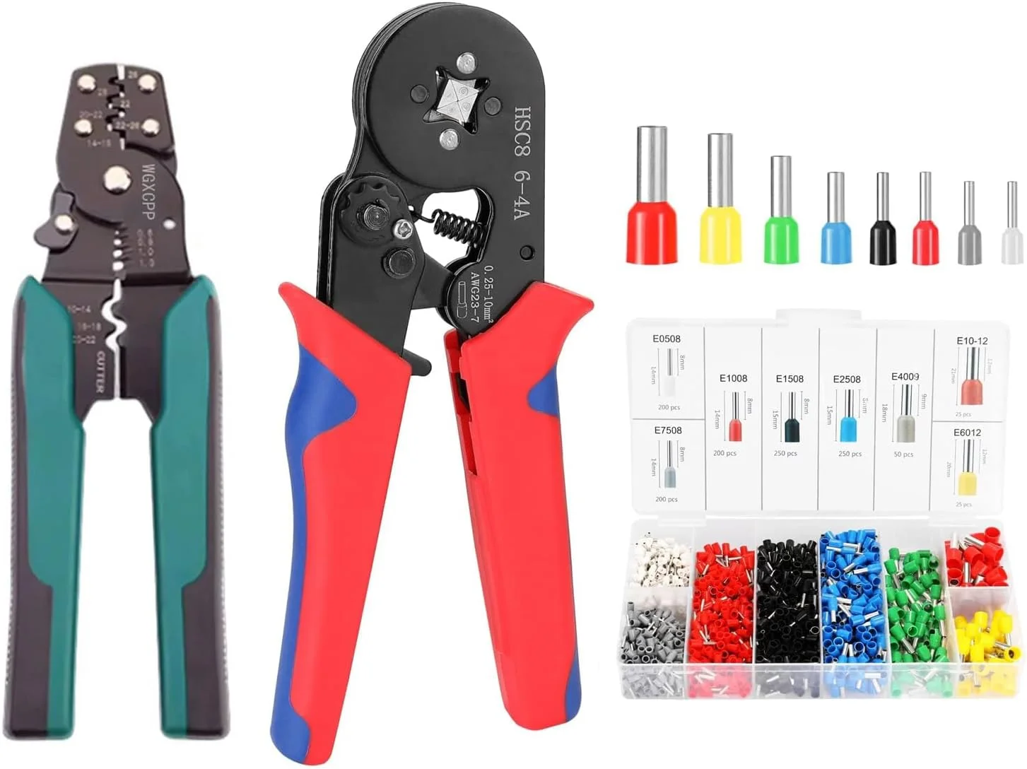 مجموعه ابزار پرس سرسیم، ابزار پرس سیم 0.25-10 میلی‌متر مربع با جغجغه خود تنظیم شونده، سیم لخت کن و 1200 کانکتور ترمینال ابزار حرفه ای برق
