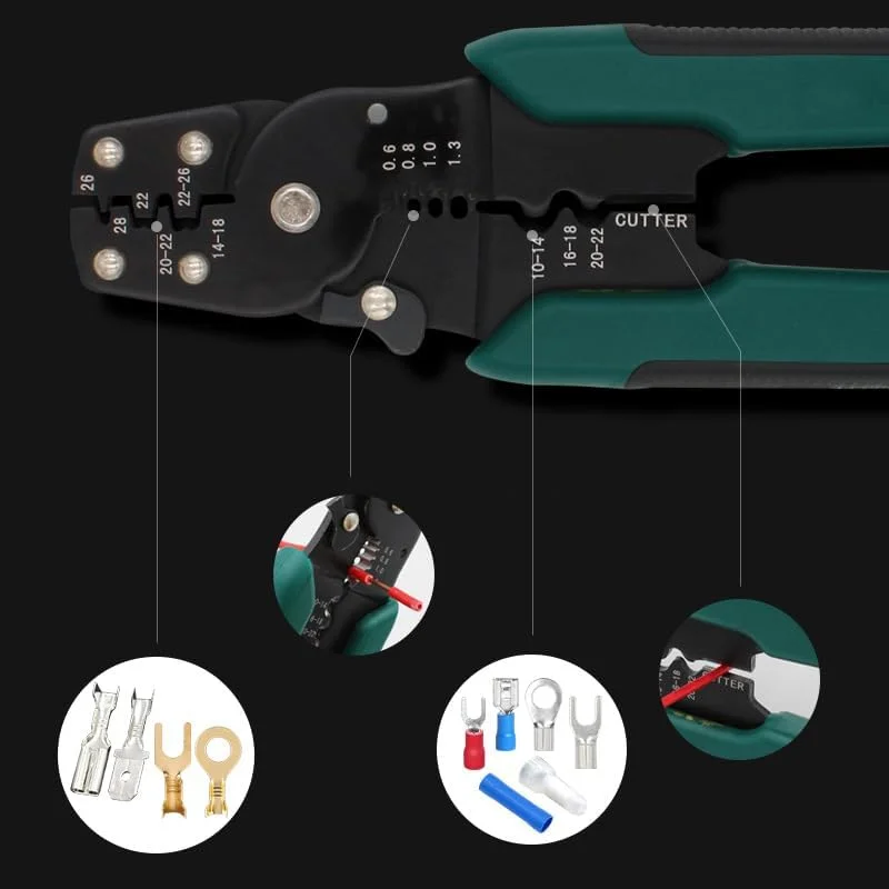 مجموعه ابزار پرس سرسیم، ابزار پرس سیم 0.25-10 میلی‌متر مربع با جغجغه خود تنظیم شونده، سیم لخت کن و 1200 کانکتور ترمینال ابزار حرفه ای برق