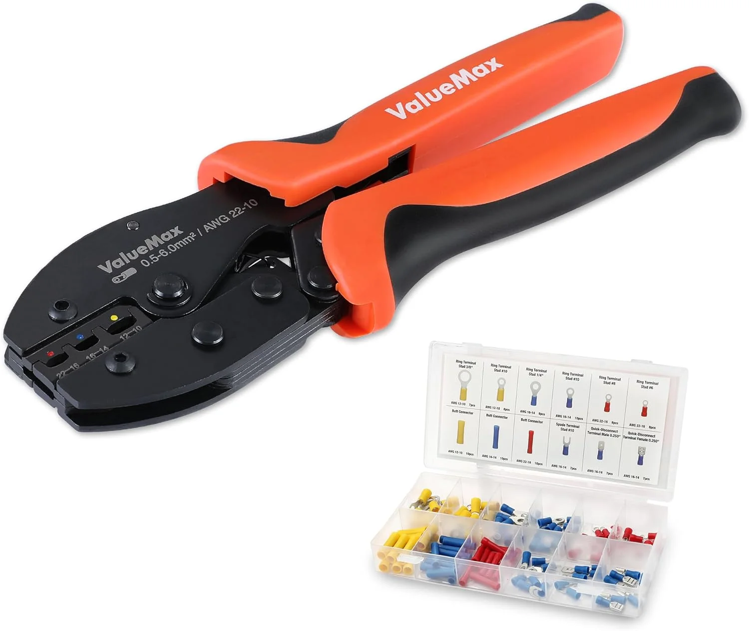 ست ابزار پرس سرسیم Valuemax با 100 عدد ترمینال سیم، 0.5-1.0mm²/1.5-2.5mm²/4.0-6.0mm²، انبر پرس جغجغه ای خود تنظیم شونده برای پروژه های خودرو، برق و DIY