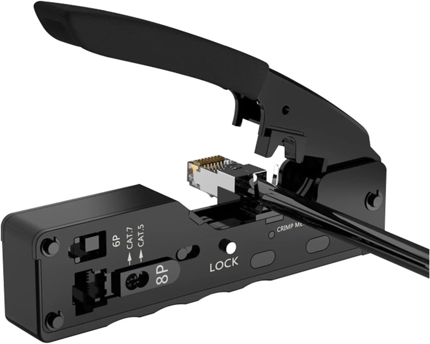 ابزار پرس RJ45 قابل تنظیم با قفل ایمنی، طراحی عبوری برای 8P/RJ11 6P، مناسب برای کابل های اترنت Cat5e/Cat6a/Cat7a