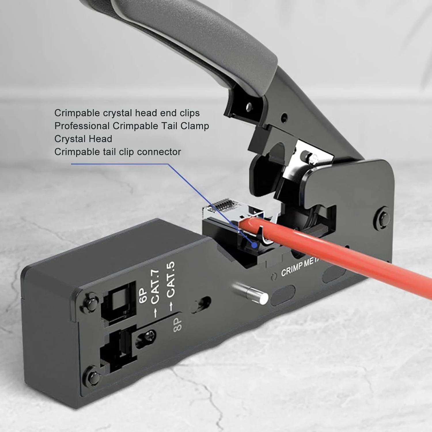 ابزار پرس RJ45 قابل تنظیم با قفل ایمنی، طراحی عبوری برای 8P/RJ11 6P، مناسب برای کابل های اترنت Cat5e/Cat6a/Cat7a