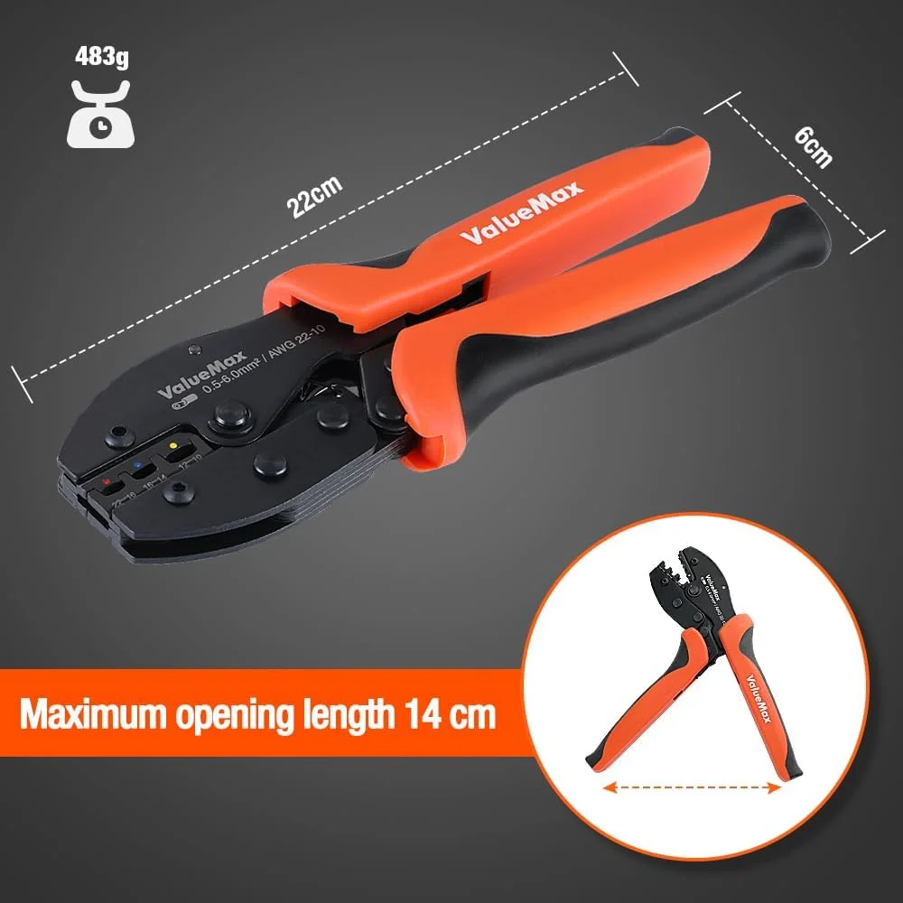 ست ابزار پرس سرسیم Valuemax با 100 عدد ترمینال سیم، 0.5-1.0mm²/1.5-2.5mm²/4.0-6.0mm²، انبر پرس جغجغه ای خود تنظیم شونده برای پروژه های خودرو، برق و DIY