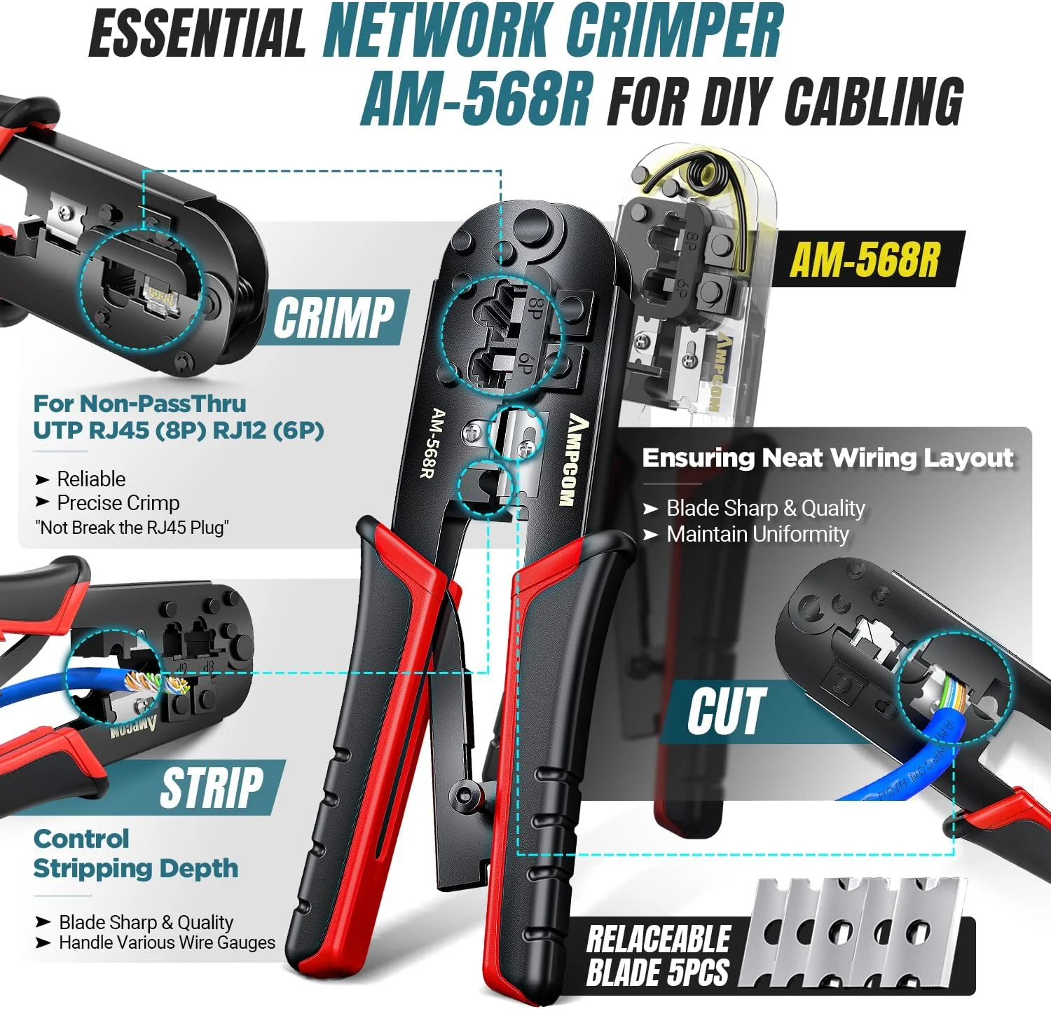 ابزار پرس AMPCOM RJ45، کیت ابزار شبکه برای Cat5e Cat6، کیت پرس کابل اترنت RJ45/RJ11 قابل حمل 7 در 1 - همراه با کیف ضد آب EVA