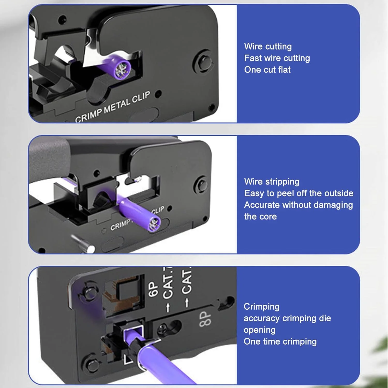ابزار پرس RJ45 قابل تنظیم با قفل ایمنی، طراحی عبوری برای 8P/RJ11 6P، مناسب برای کابل های اترنت Cat5e/Cat6a/Cat7a