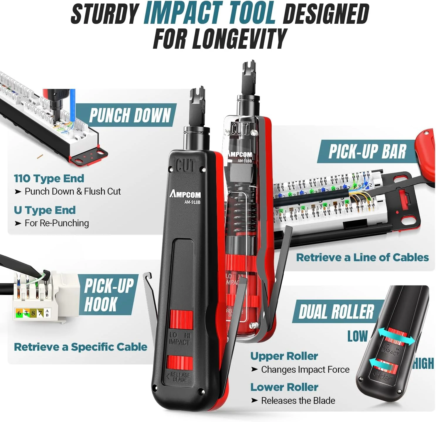 ابزار پرس AMPCOM RJ45، کیت ابزار شبکه برای Cat5e Cat6، کیت پرس کابل اترنت RJ45/RJ11 قابل حمل 7 در 1 - همراه با کیف ضد آب EVA