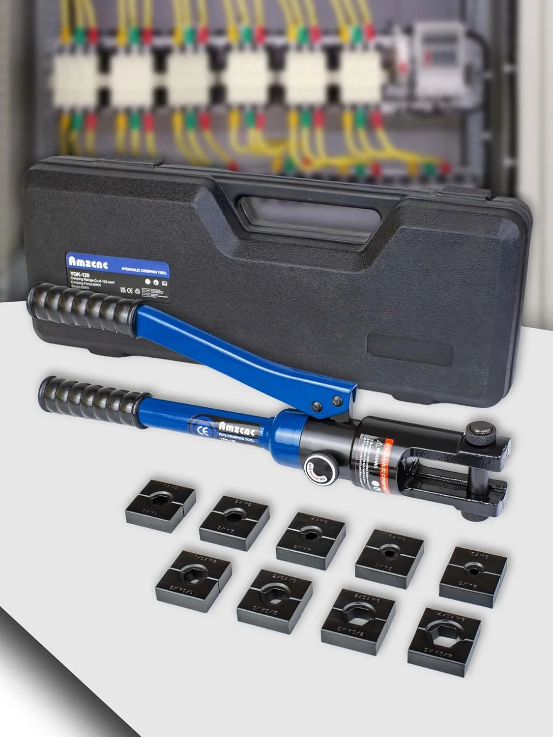 ابزار پرس هیدرولیک 12 تنی AMZCNC با 9 قالب استاندارد آمریکایی، پرس کابل از سایز 8AWG تا 4/0 AWG، ساخته شده از فولاد سخت کاری شده با سطح اکسید شده برای دوام (استاندارد US 8AWG تا 4/0AWG)