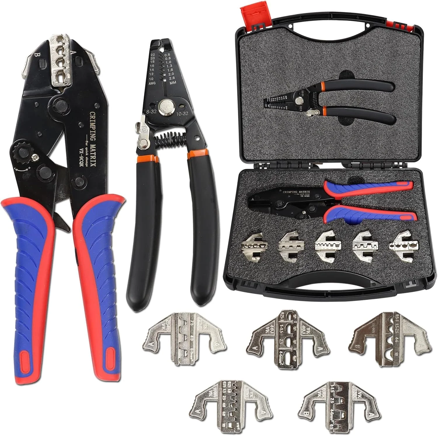 مجموعه ابزار پرس سیم آزونی 7 عددی، انبر پرس سیم جغجغه ای برای اتصالات حرارتی با سیم لخت کن اتوماتیک، فک تعویض سریع برای ترمینال های حرارتی، بشکه باز، کانکتور خورشیدی