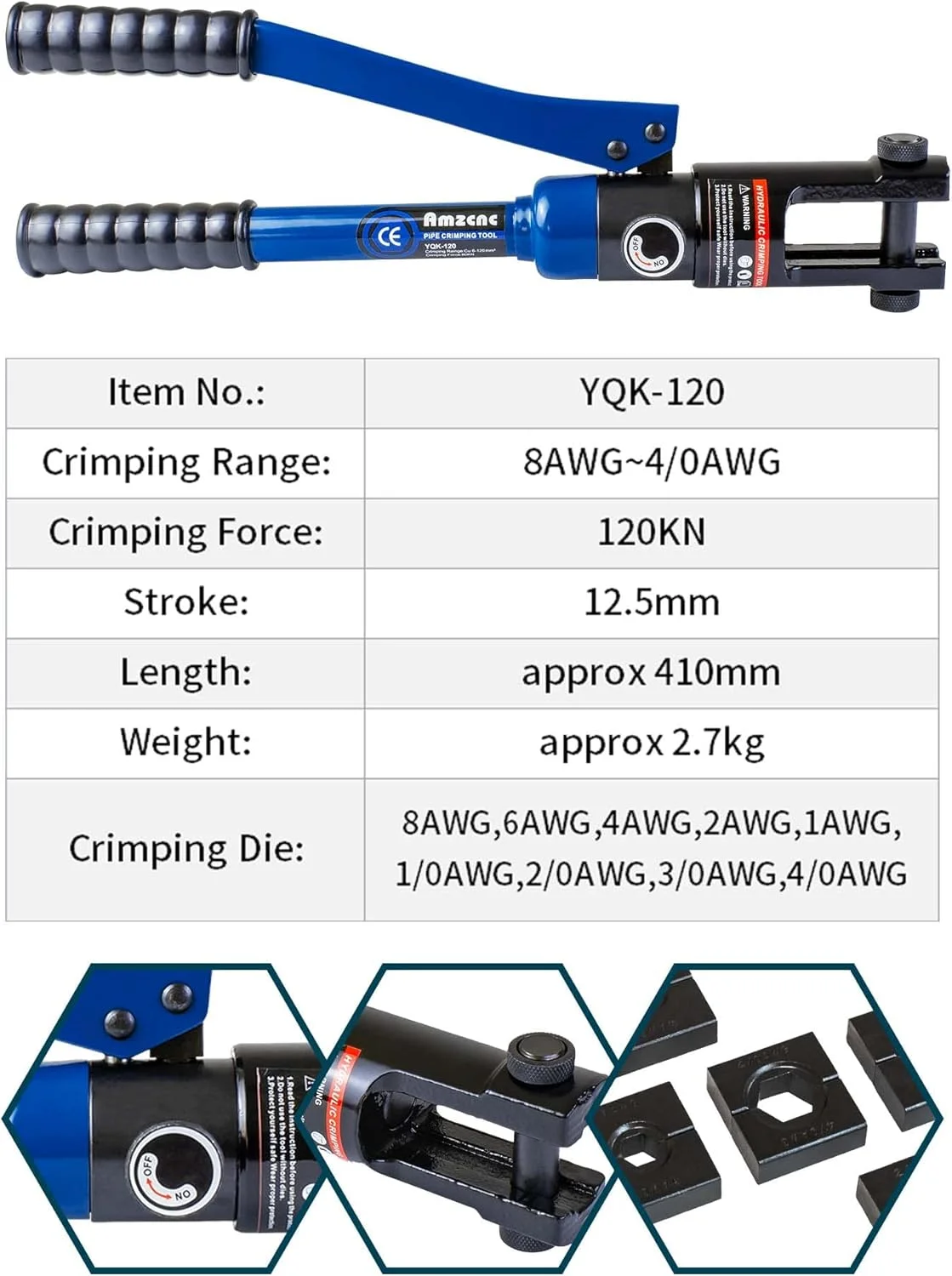 ابزار پرس هیدرولیک 12 تنی AMZCNC با 9 قالب استاندارد آمریکایی، پرس کابل از سایز 8AWG تا 4/0 AWG، ساخته شده از فولاد سخت کاری شده با سطح اکسید شده برای دوام (استاندارد US 8AWG تا 4/0AWG)