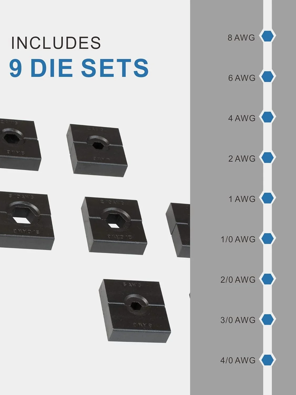 ابزار پرس هیدرولیک 12 تنی AMZCNC با 9 قالب استاندارد آمریکایی، پرس کابل از سایز 8AWG تا 4/0 AWG، ساخته شده از فولاد سخت کاری شده با سطح اکسید شده برای دوام (استاندارد US 8AWG تا 4/0AWG)