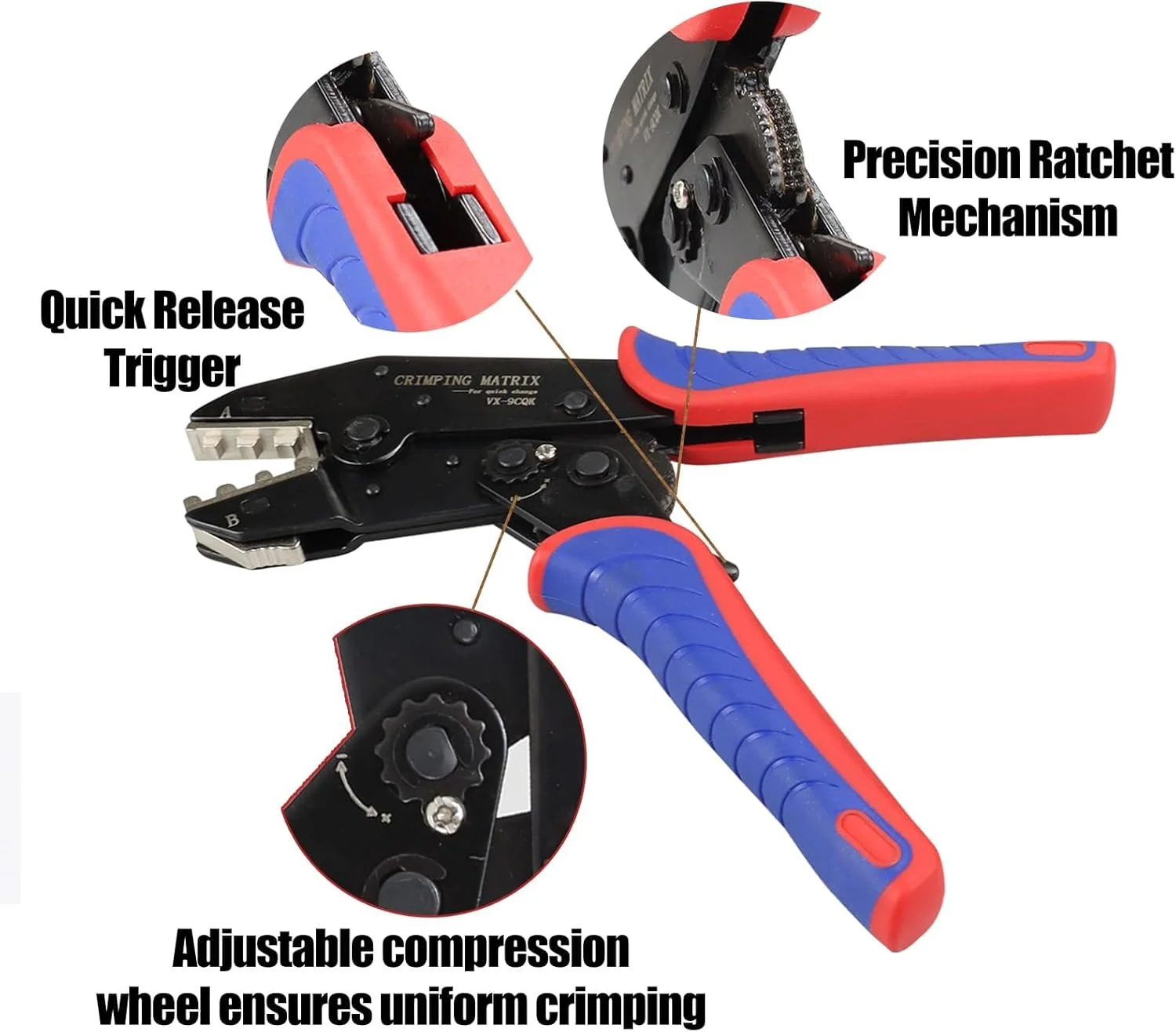 مجموعه ابزار پرس سیم آزونی 7 عددی، انبر پرس سیم جغجغه ای برای اتصالات حرارتی با سیم لخت کن اتوماتیک، فک تعویض سریع برای ترمینال های حرارتی، بشکه باز، کانکتور خورشیدی