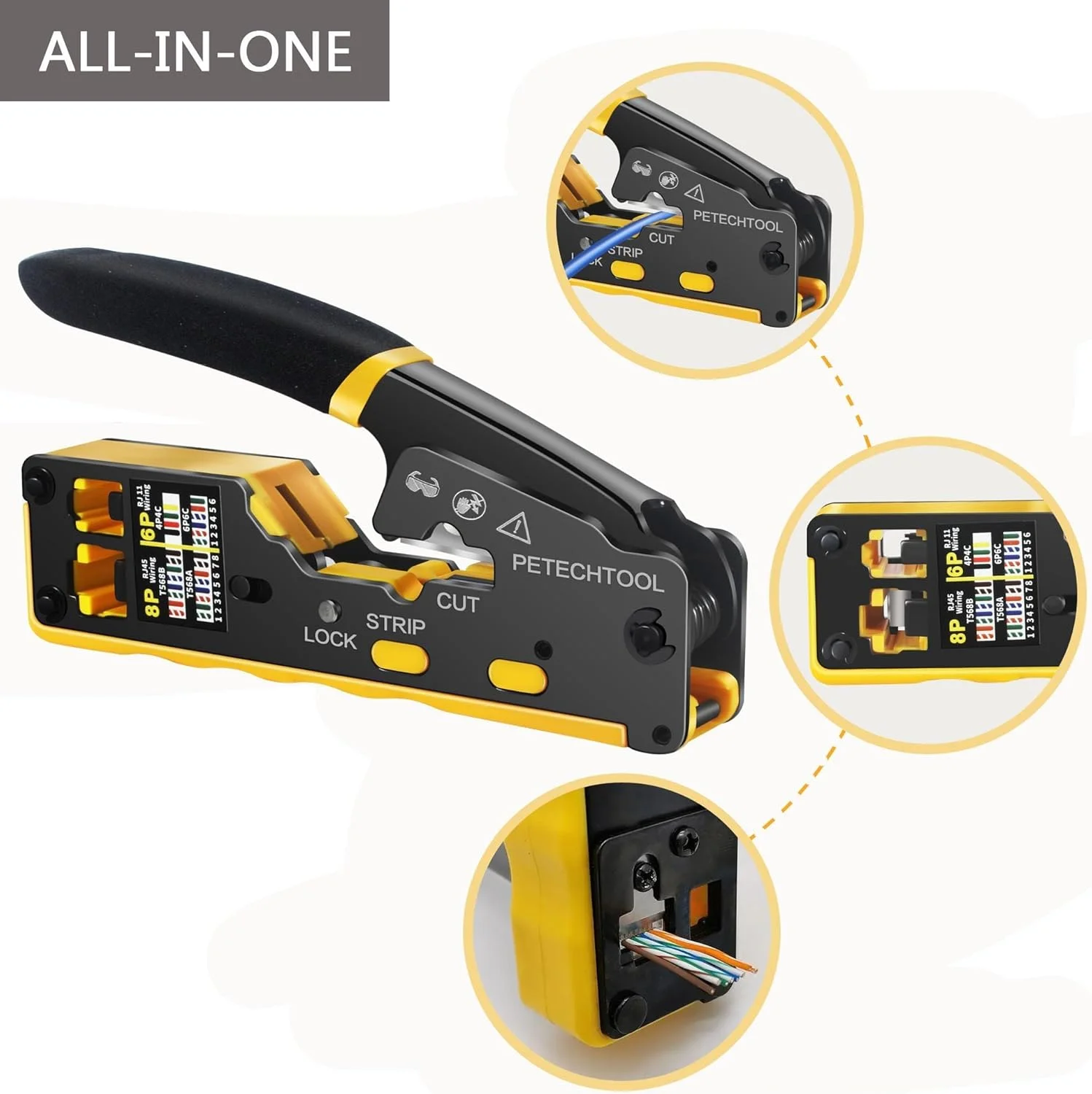 ابزار پرس کابل Aputue، ابزار پرس RJ45، پرس اترنت عبوری برای کانکتورهای Cat5 Cat6 Cat6a با سیم لخت کن و برشگر یکپارچه، ابزار پرس همه کاره RJ11/RJ12/RJ45