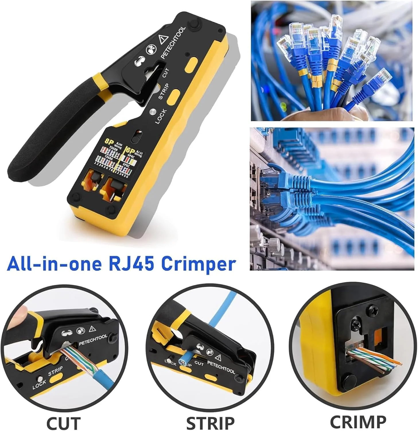 ابزار پرس سر کابل شبکه RJ45 با کانکتور عبوری و کیت ابزار پرس Cat6 برای RJ45 RJ12 معمولی، 50 عدد کانکتور Cat6 مستقیم، 50 عدد روکش و سیم لخت کن کوچک (B)