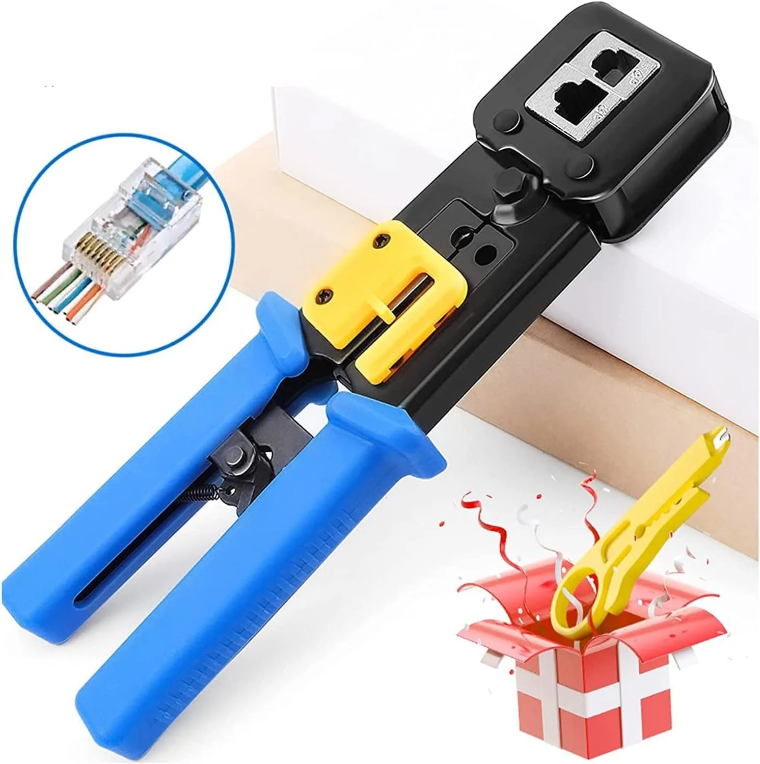 ابزار پرس RJ45 Beauenty با کانکتور عبوری به همراه کیت ابزار پرس Cat6 برای RJ45 RJ12 معمولی، 50 عدد کانکتور مستقیم Cat6، 50 عدد روکش و سیم لخت کن کوچک (A)