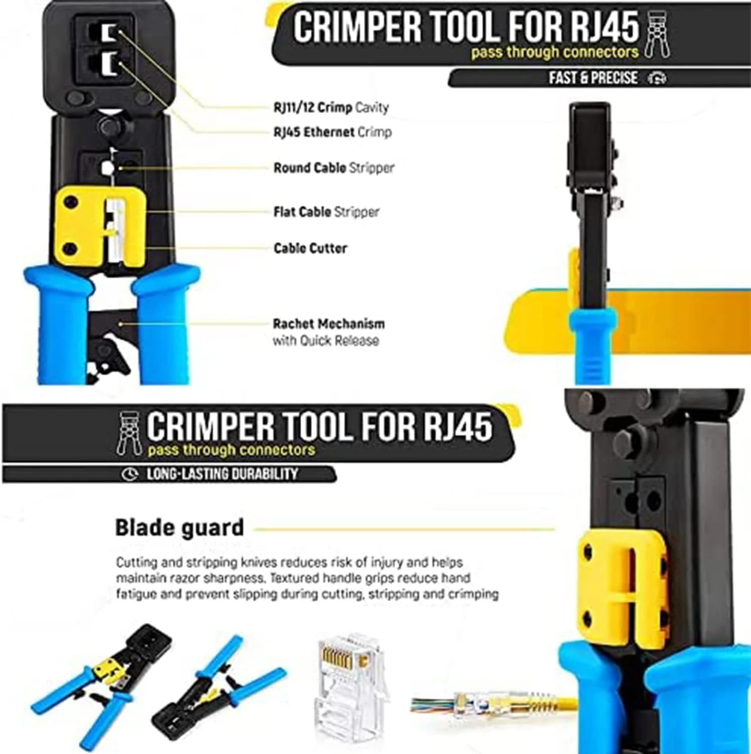 ابزار پرس RJ45 Beauenty با کانکتور عبوری به همراه کیت ابزار پرس Cat6 برای RJ45 RJ12 معمولی، 50 عدد کانکتور مستقیم Cat6، 50 عدد روکش و سیم لخت کن کوچک (A)