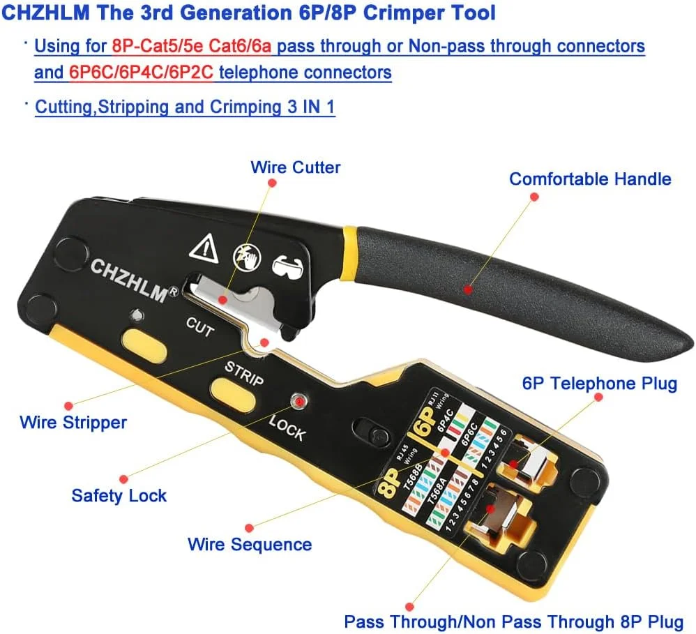 ابزار پرس RJ45 مدل CHZHLM، ابزار پرس، لخت کن و برش کابل اترنت RJ45، همه کاره برای 8P RJ45 Cat5e Cat6 Cat6a و کانکتورهای تلفن 6P RJ11/12 به همراه تستر کابل