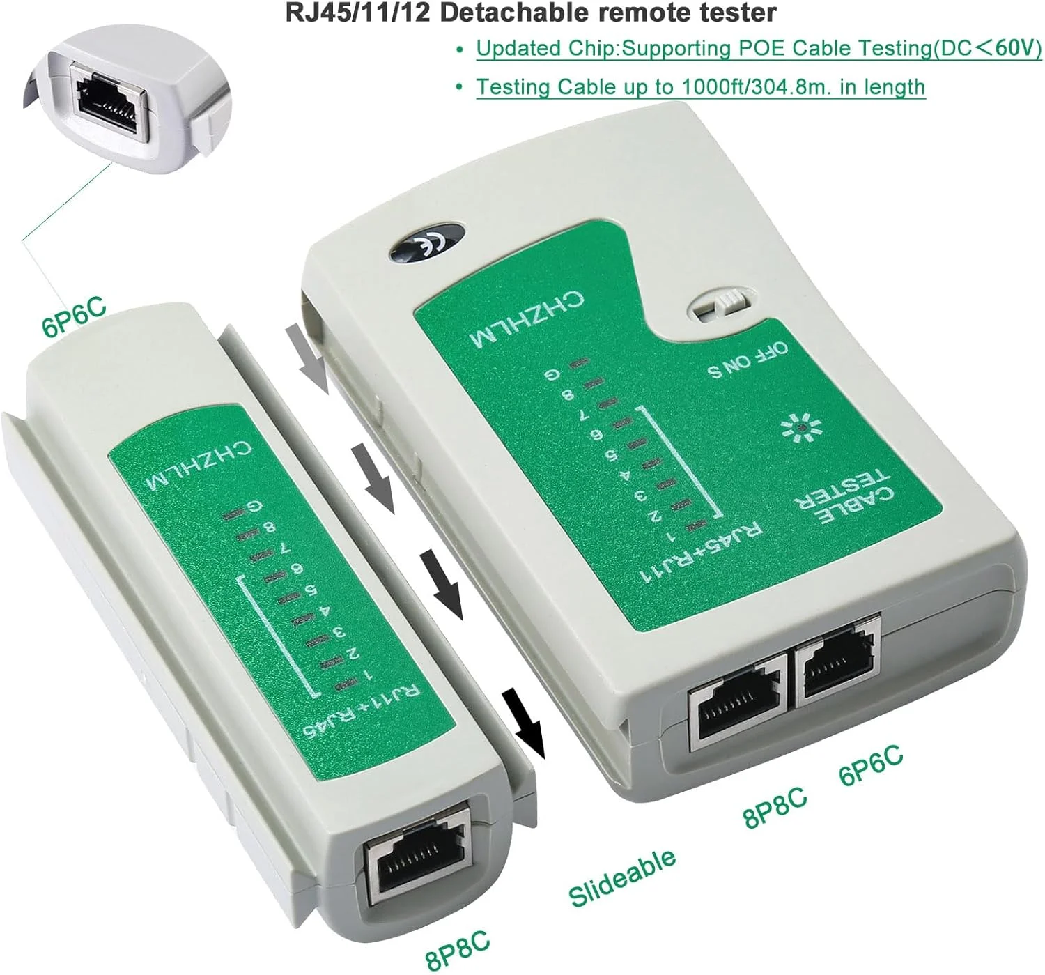 ابزار پرس RJ45 مدل CHZHLM، ابزار پرس، لخت کن و برش کابل اترنت RJ45، همه کاره برای 8P RJ45 Cat5e Cat6 Cat6a و کانکتورهای تلفن 6P RJ11/12 به همراه تستر کابل