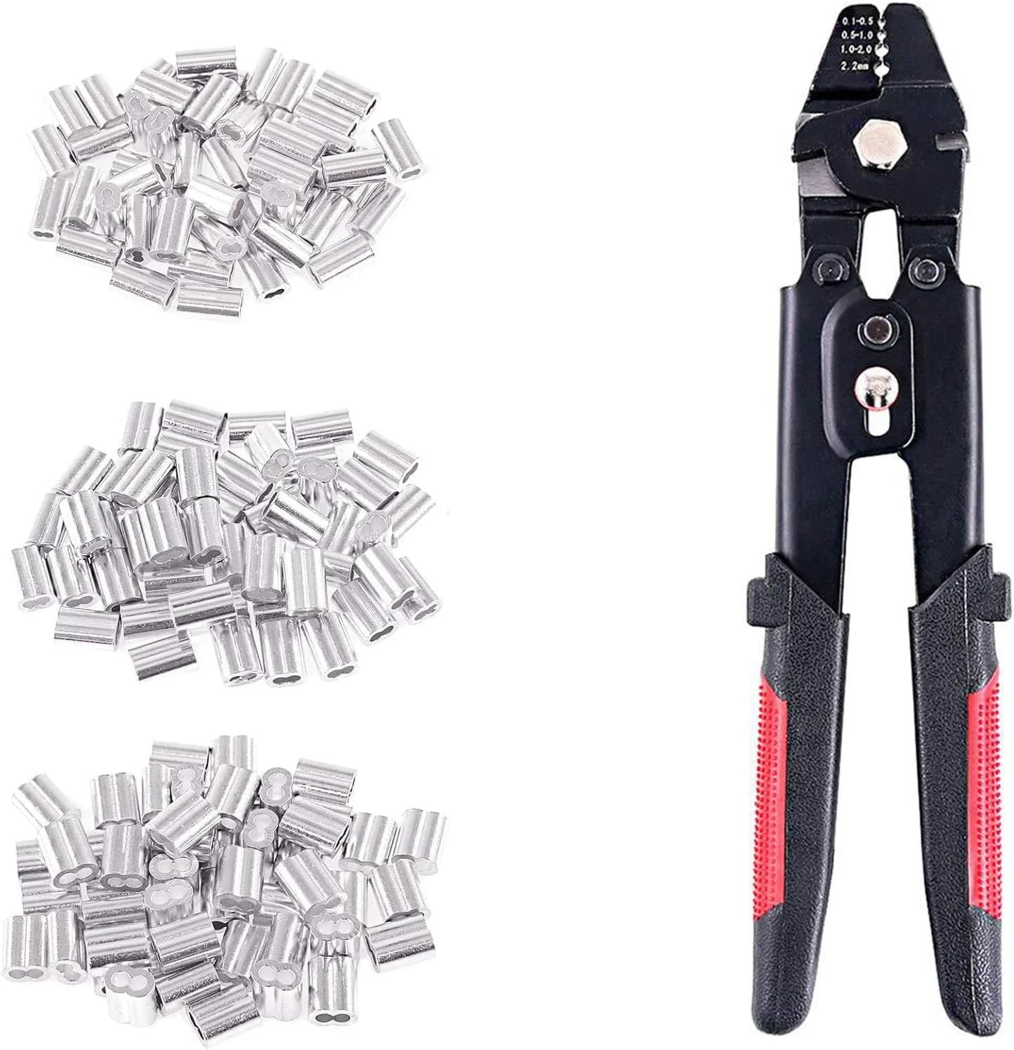 ابزار پرس سیم بکسل تا 2.2 میلی متر به همراه 180 عدد حلقه آلومینیومی دو لول 1.2/1.5/2 میلی متری